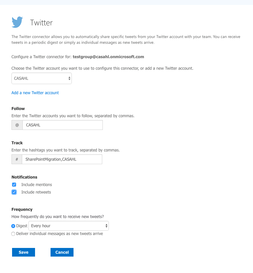 Twitter example for Office 365 Connectors