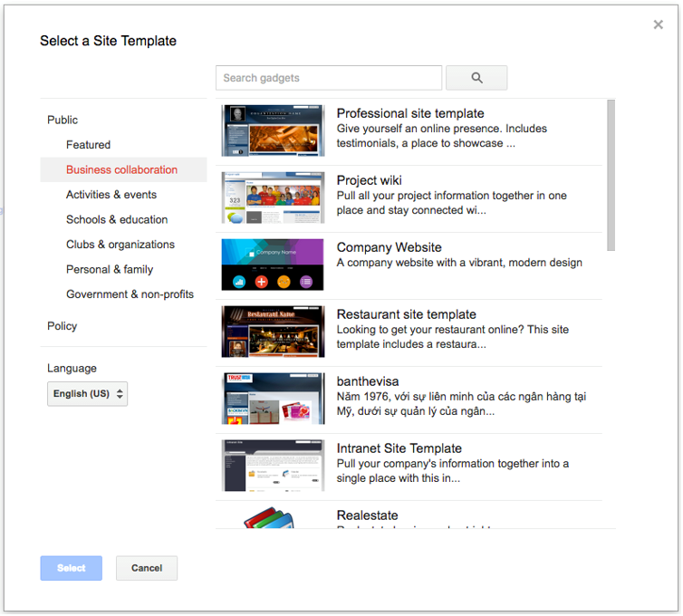 Template selection menu for Google Sites